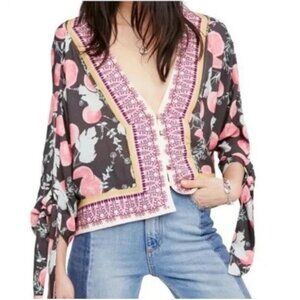 Free People Freshly Squeezed Grapefruit Tie-Sleeve Boxy Boho Blouse Top X-Small